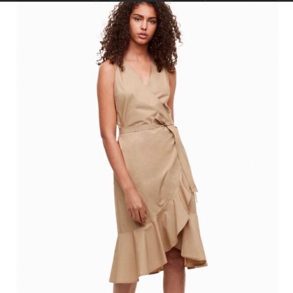 BABATON ARITZIA | Camel Whitlaw Scalloped Hem Wrap Dress Sz. S Small - Picture 1 of 8